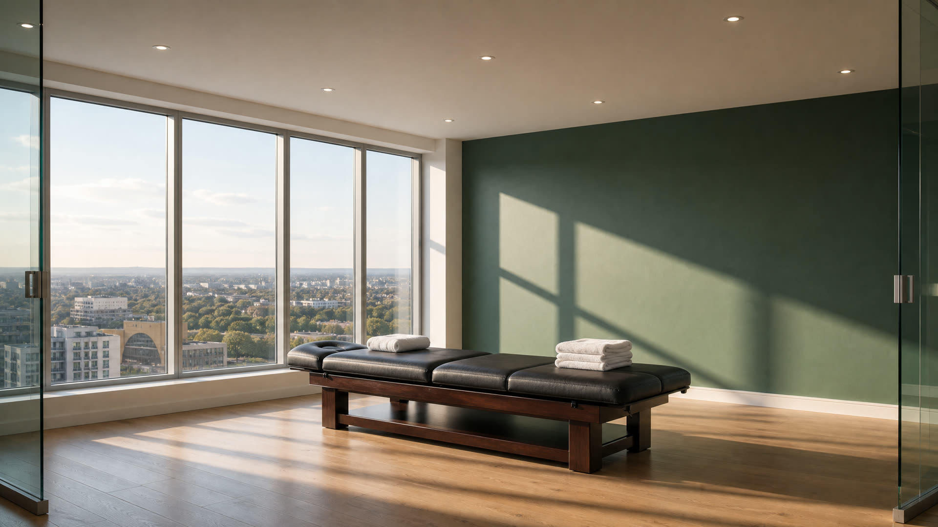 StretchOut studio: massage table with fresh towels against a deep green wall, city view beyond